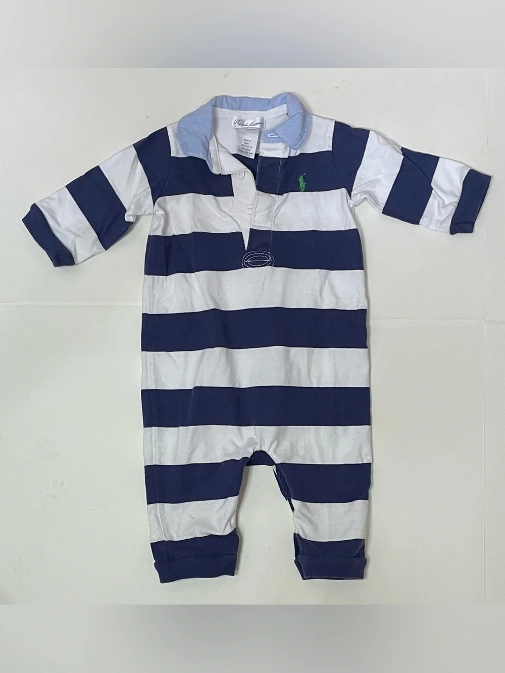 Ralph Lauren Navy & White Striped Cotton Rugby Polo Coverall Footie